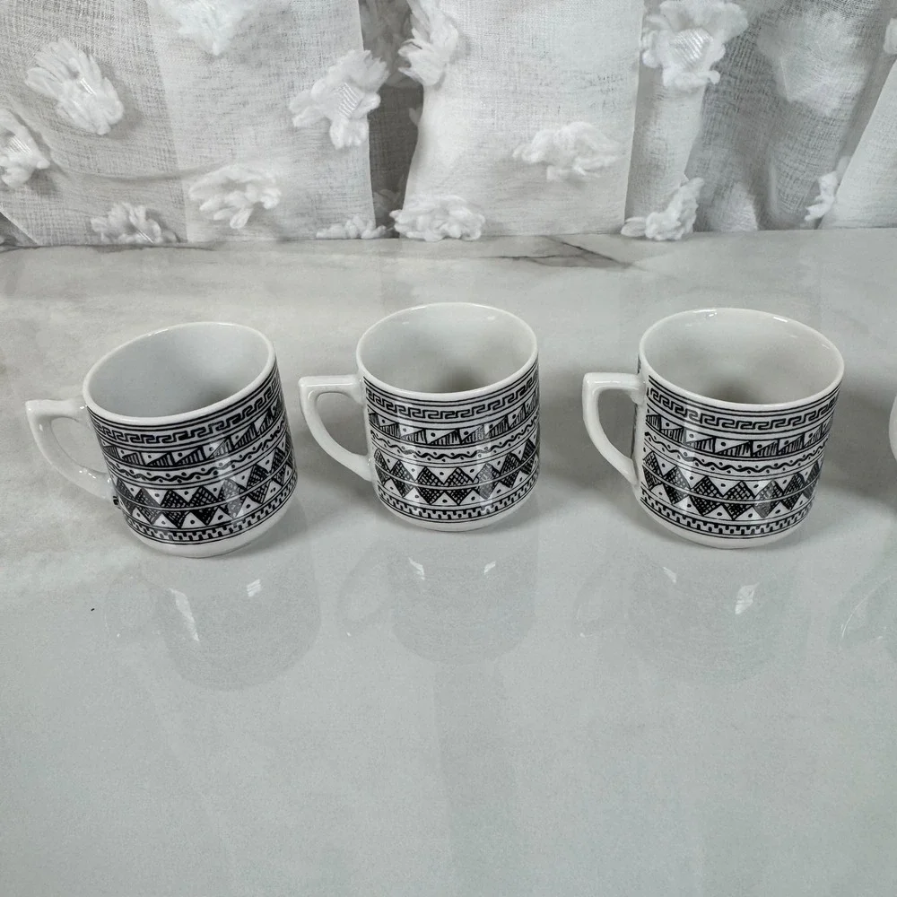Vintage Greek Black and White Demitasse Cups and Saucers Set Greek Key Parthenon